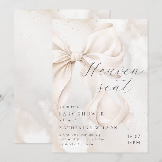Heaven Sent Neutral Bow Baby Shower Invitation Kaart (Voorkant / Achterkant)