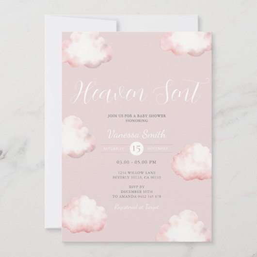 Heaven Sent Pink Cloud Baby Shower Invite Kaart (Voorkant)