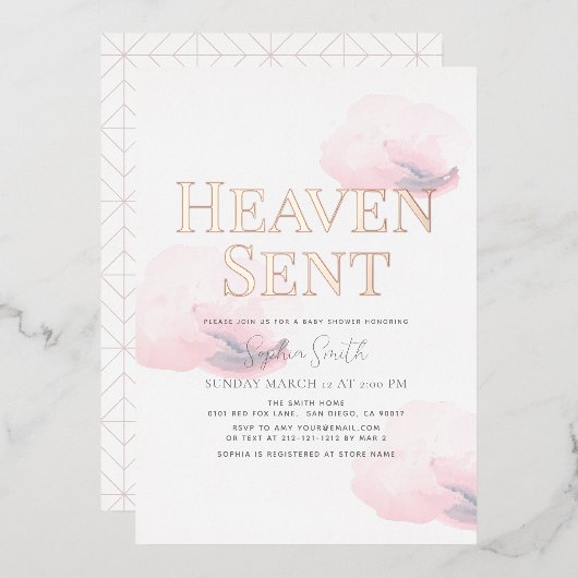 Heaven Sent Pink Cloud Meisje Baby shower Folie Uitnodiging (Voorkant / Achterkant)