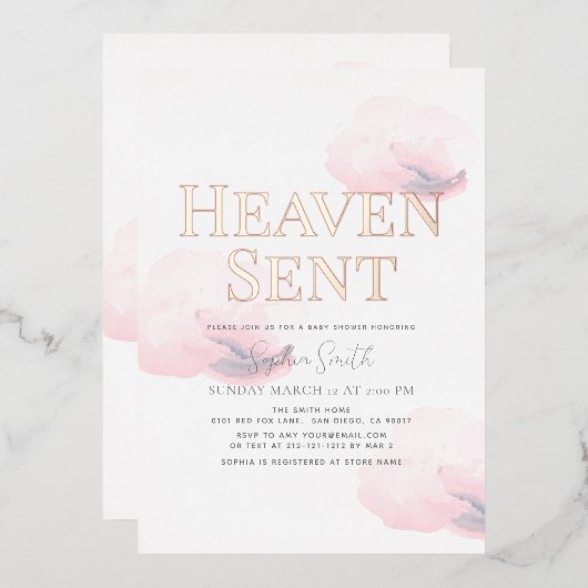 Heaven Sent Pink Cloud Meisje Baby shower Folie Uitnodiging (Voorkant / Achterkant)
