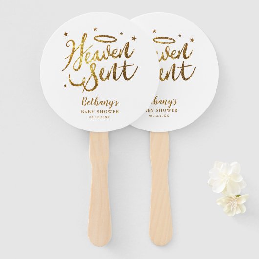 Heaven Sent Wit en Goud Baby shower Handwaaier (Voorkant en achterkant)