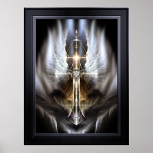 Heavenly Angel Wing Cross Black Fractal Art Poster