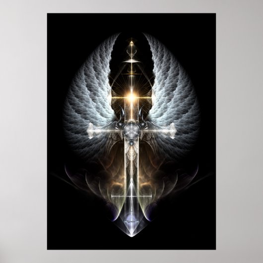 Heavenly Angel Wing Cross Fractal Art Black Bkgnd Poster (Voorkant)