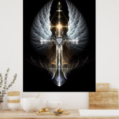 Heavenly Angel Wing Cross Fractal Art Black Bkgnd Poster (Keuken)