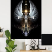 Heavenly Angel Wing Cross Fractal Art Black Bkgnd Poster (Thuiskantoor)