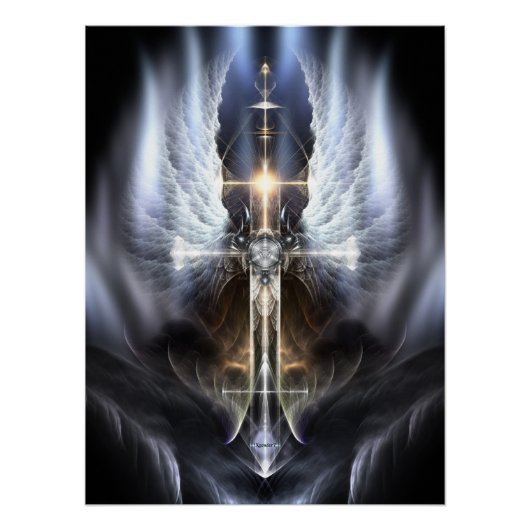 Heavenly Angel Wing Cross Fractal Art Compositie Perfect Poster (Voorkant)