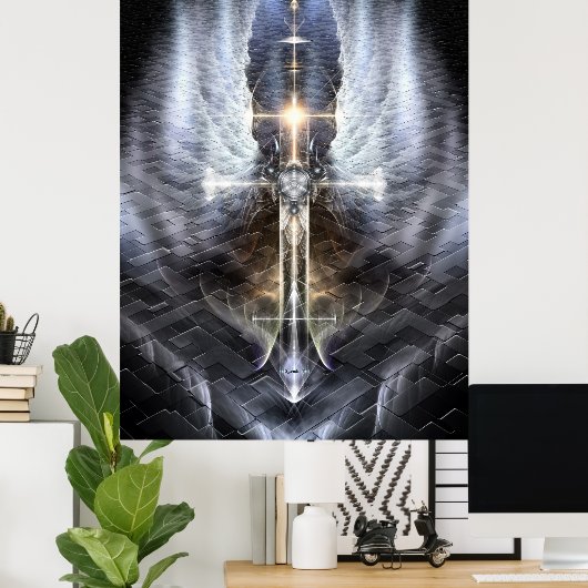 Heavenly Angel Wing Cross Fractal Art Jagged Path Poster (Thuiskantoor)
