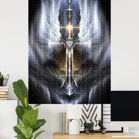 Heavenly Angel Wing Cross Fractal Art Poster Tegel (Thuiskantoor)