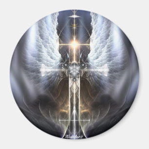 Heavenly Angel Wing Cross Fractal Art Round Magnet