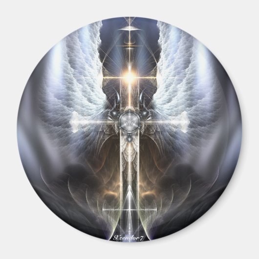 Heavenly Angel Wing Cross Fractal Art Round Magnet (Voorkant)