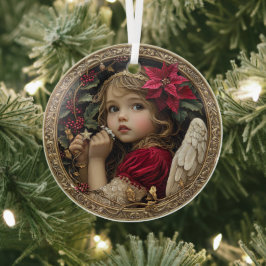 Heavenly Christmas Angel with Poinsettia and Holly Glas Ornament