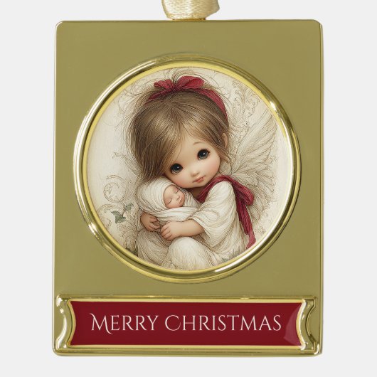 Heavenly Embrace – Angel & Child Christmas Verguld Banner Ornament (Voorkant)