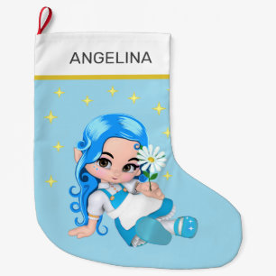 Heavenly Fairy Girl & Stars on Light Blue Grote Kerstsok