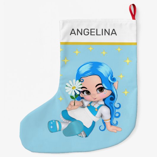 Heavenly Fairy Girl & Stars on Light Blue Grote Kerstsok (Achterkant)