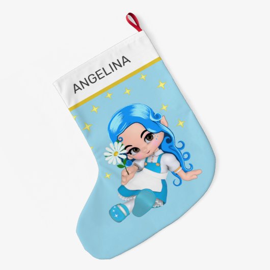 Heavenly Fairy Girl & Stars on Light Blue Grote Kerstsok (Achterkant (Hangend))