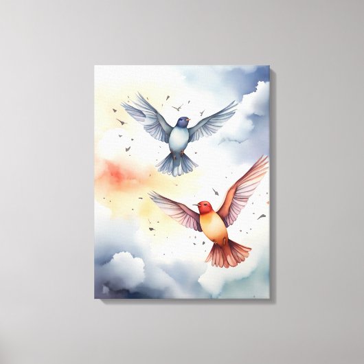 Heavenly Flight: Waterverf Birds in the Sky Canvas Afdruk (Voorkant)