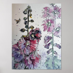 Heavenly Hollyhocks Waterverf Painting Print