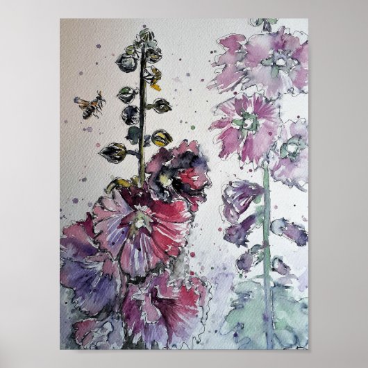 Heavenly Hollyhocks Waterverf Painting Print (Voorkant)
