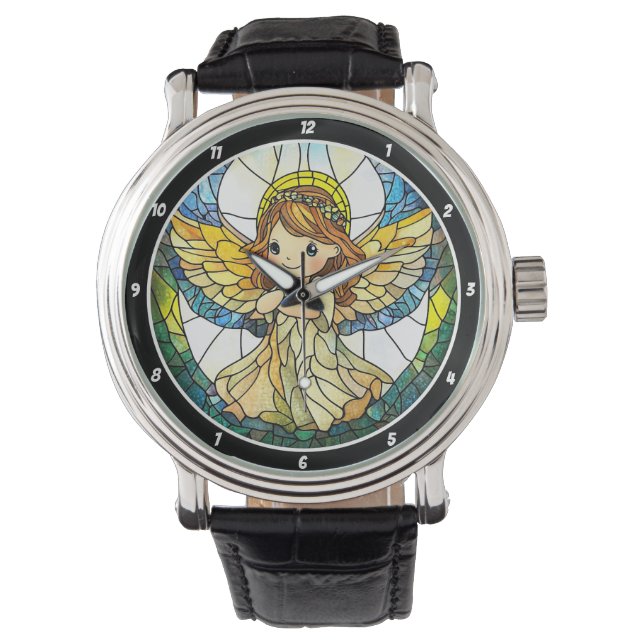 Heavenly Hues" - Stained Glass Angel Wall  Horloge (Voorkant)