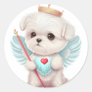 Heavenly Love: Cute Angel Maltese Dog Puppy Ronde Sticker