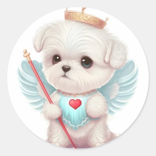 Heavenly Love: Cute Angel Maltese Dog Puppy Ronde Sticker (Voorkant)
