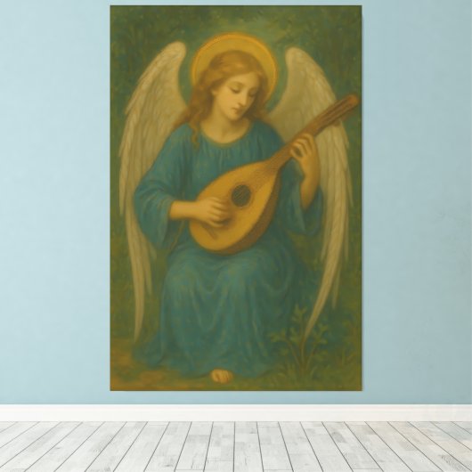 Heavenly Music Angel – Golden Halo Harp-Lute Guard Canvas Afdruk (Insitu (Houten vloer))