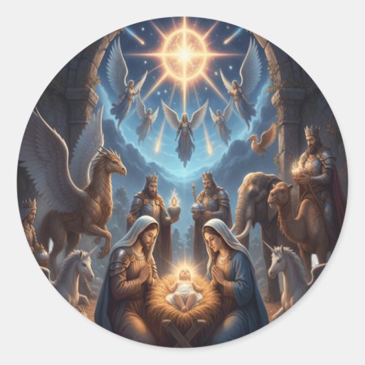 Heavenly Nativity – Mythical Christmas Scene Stic Ronde Sticker (Voorkant)