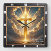 Heaven's Gate Golden Cross Sunset Revelation 21:4 Vierkante Klok (Voorkant)