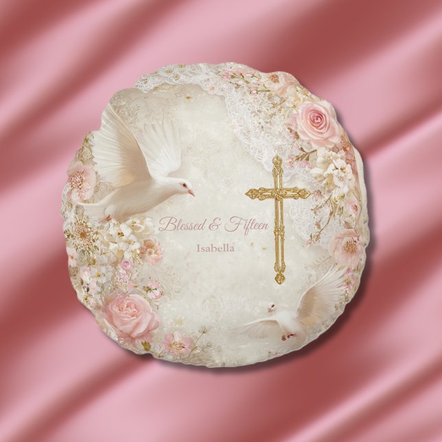 Heaveny Blush & Gold Quince, op maat Rond Kussen (Creator heeft geüpload)