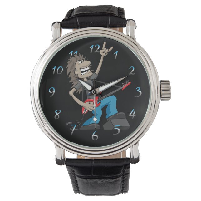 Heavy Metal Rock Gitarist Cartoon Horloge (Voorkant)