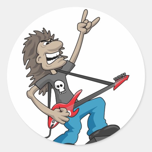 Heavy Metal Rock Gitarist Cartoon Ronde Sticker (Voorkant)