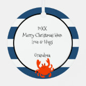 Heb een Crabby-kerstblauwe Nautical Stripe Metalen Ornament (Achterkant)