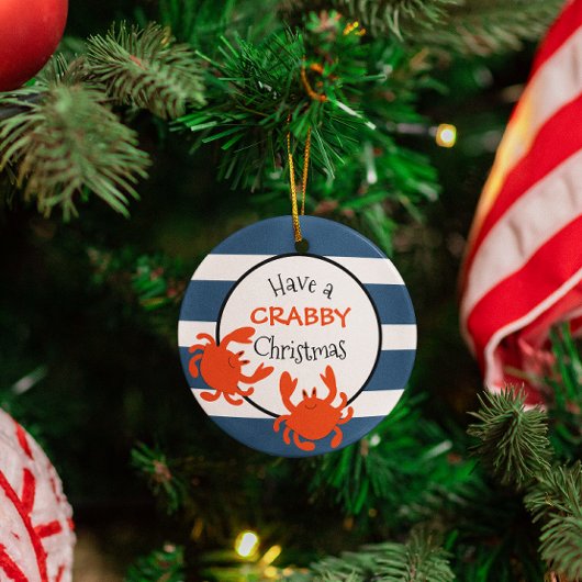 Heb een Crabby-kerstblauwe Nautical Stripe Metalen Ornament