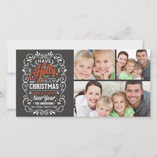 Heb een Holly Jolly Christmas Chalkboard 3-foto Feestdagenkaart (Voorkant)