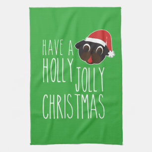 Heb een Holly Jolly Kerstzwarte Pug Santa Theedoek