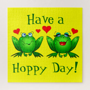 Heb een hoppy Day Cute Cartoon Frogs Green Yellow Legpuzzel