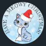 Heb een Meowy Christmas Vakantie Ronde Sticker<br><div class="desc">Heb een Merry (Meowy) Christmas grappige poes in Santa hat kerstvakantie stickers.</div>