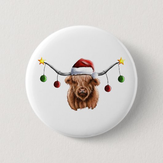 Heb een prettige kerst met Hielan Coo Ronde Button 5,7 Cm (Voorkant)