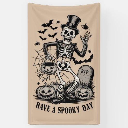 Heb een spookachtige dag Halloween Witch Skeleton Spandoek (Verticaal)