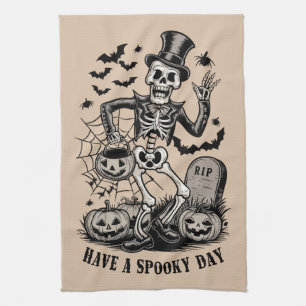 Heb een spookachtige dag Halloween Witch Skeleton Theedoek