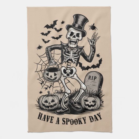 Heb een spookachtige dag Halloween Witch Skeleton Theedoek (Verticaal)