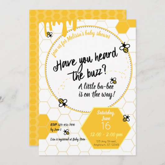 Heb je de Buzz al gehoord? Baby shower Bee Theme Kaart (Voorkant / Achterkant)