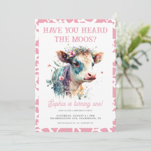 Heb je gehoord van de Moos Roze Koe 1e verjaardag Kaart (Staand voorkant)
