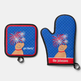 Heb je Liberty? Gele Hond Keukenhanddoek Ovenwant & Pannenlap Set