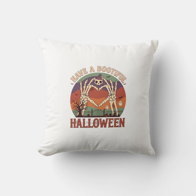 Heb Skelethanden Katten Schedel W Halloween Kussen (Voorkant)