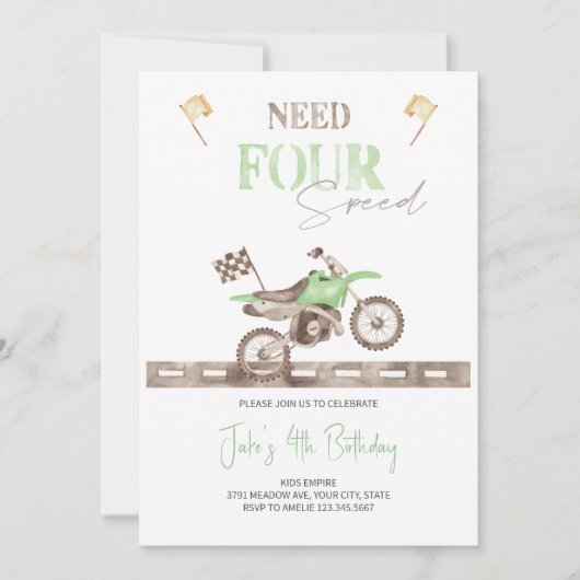 Heb VIER Speed Dirt Bike Verjaardag uitnodiging no (Voorkant)