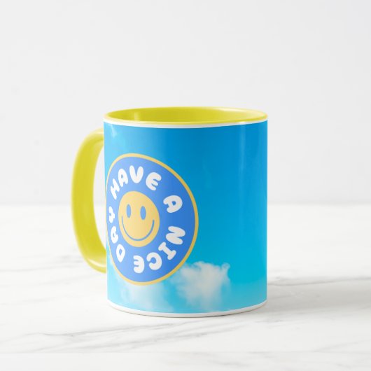 Hebben een mooie dag blij gezicht geel handvat mok (Voorkant links)