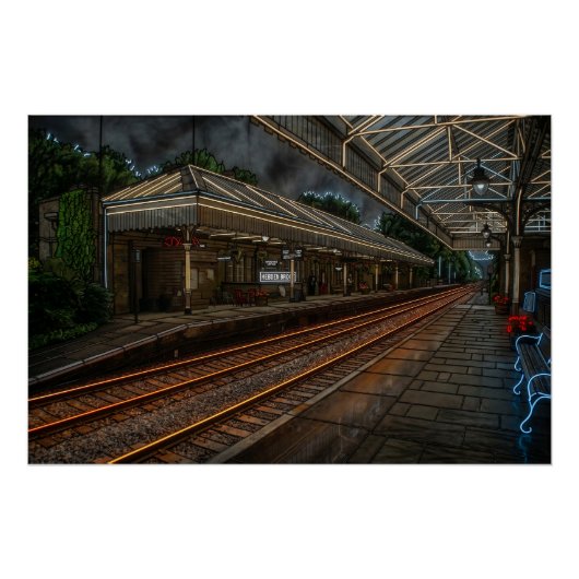 Hebden Bridge Treinstation Vintage Neon Kunst Perfect Poster (Voorkant)