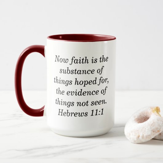 Hebreeën 11:1 Schrift Maroon Two-Tone Koffie Mok (Met donut)
