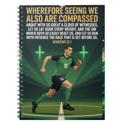 Hebreeën 12:1 KJV Voetbal Runner Notitieboek (Voorkant)
